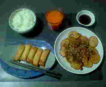 Ham & Cheese in Spring roll, vinegar and mustard sauce over potatos